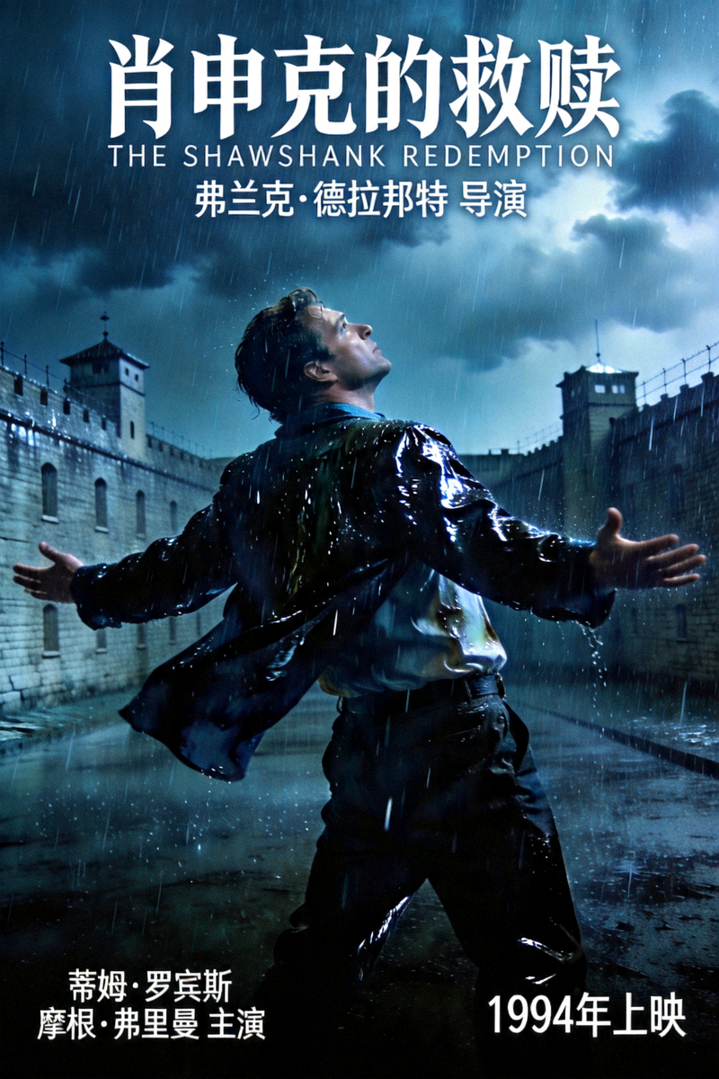 经典电影《肖申克的救赎》海报，男主角在雨中张开双臂
