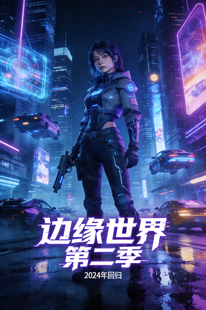 美剧《边缘世界》第二季海报，充满赛博朋克风格的未来城市夜景