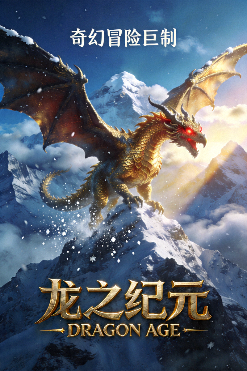 奇幻冒险电影《龙之纪元》海报，巨龙翱翔于雪山之巅